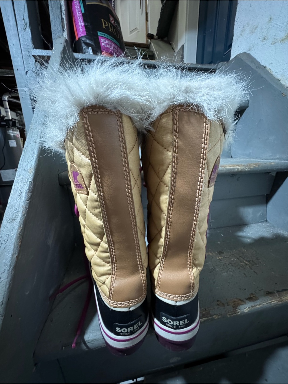 Sorel Kids Tan Quilted Winter Boots with Purple Accents - Picture 3 of 4